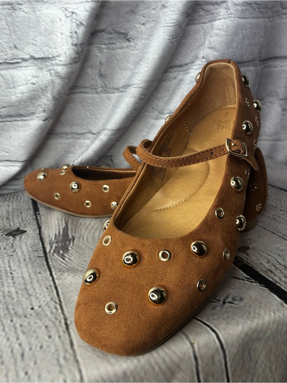 Whimsigoth Steampunk Lite Camel Faux Suede Gold Studded Mary Jane Ballet Flats 7